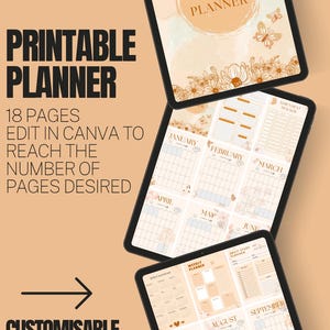 Może przedstawiać: Trzy tablety wyświetlają drukowany planer. Górny tablet pokazuje "Study Planner" z kwiatowymi i motylkowymi wzorami. Pozostałe tablety wyświetlają miesięczne i tygodniowe strony planowania. Tekst zawiera "Printable Planner" i "Customisable Number of Pages."