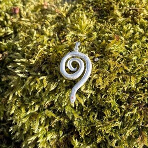 May include: A silver snake pendant, coiled in shape, with a small red detail at the head. The pendant is set against a backdrop of green moss, creating a natural aesthetic. The snake design is detailed and elegant, suitable for a necklace.