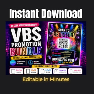 Pode incluir: Um pacote de promoção VBS digital com modelos Canva editáveis. O design apresenta um esquema de cores vibrantes em roxo e rosa com o texto "VBS Promotion Bundle" e "Scan to Register!". O pacote inclui vários formatos.