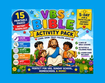 Pack d'activités bibliques VBS | Feuilles d'exercices bibliques | Coloriages | Imprimables pour l'école du dimanche | 5 jours de cours bibliques | (Téléchargement numérique)