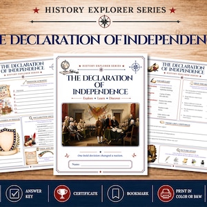 May include: A History Explorer Series educational packet titled The Declaration of Independence, featuring three activity pages with historical illustrations, text, and blank lines for writing. The pages include a vocabulary section, a spot the mistake exercise, and a picture study, all formatted for US Letter 8.5 x 11 inch paper.