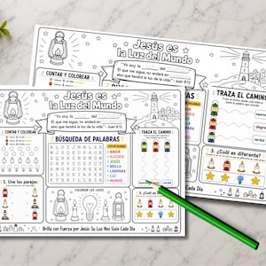 May include: Two black and white activity sheets with the text "Jesus is the Light of the World" in Spanish. The sheets include coloring activities, word searches, and connect-the-dots, with illustrations of lanterns, stars, and a lighthouse.