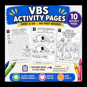Könnte beinhalten: Ein Satz schwarz-weißer VBS-Aktivitätsseiten mit dem Text "VBS ACTIVITY PAGES PRINT & GO NO PREP NEEDED!" und "10 ACTIVITY PAGES". Die Seiten enthalten Labyrinthe, Suchbilder und biblische Geschichten. Enthält Unterrichtsentwürfe und Druckanweisungen.