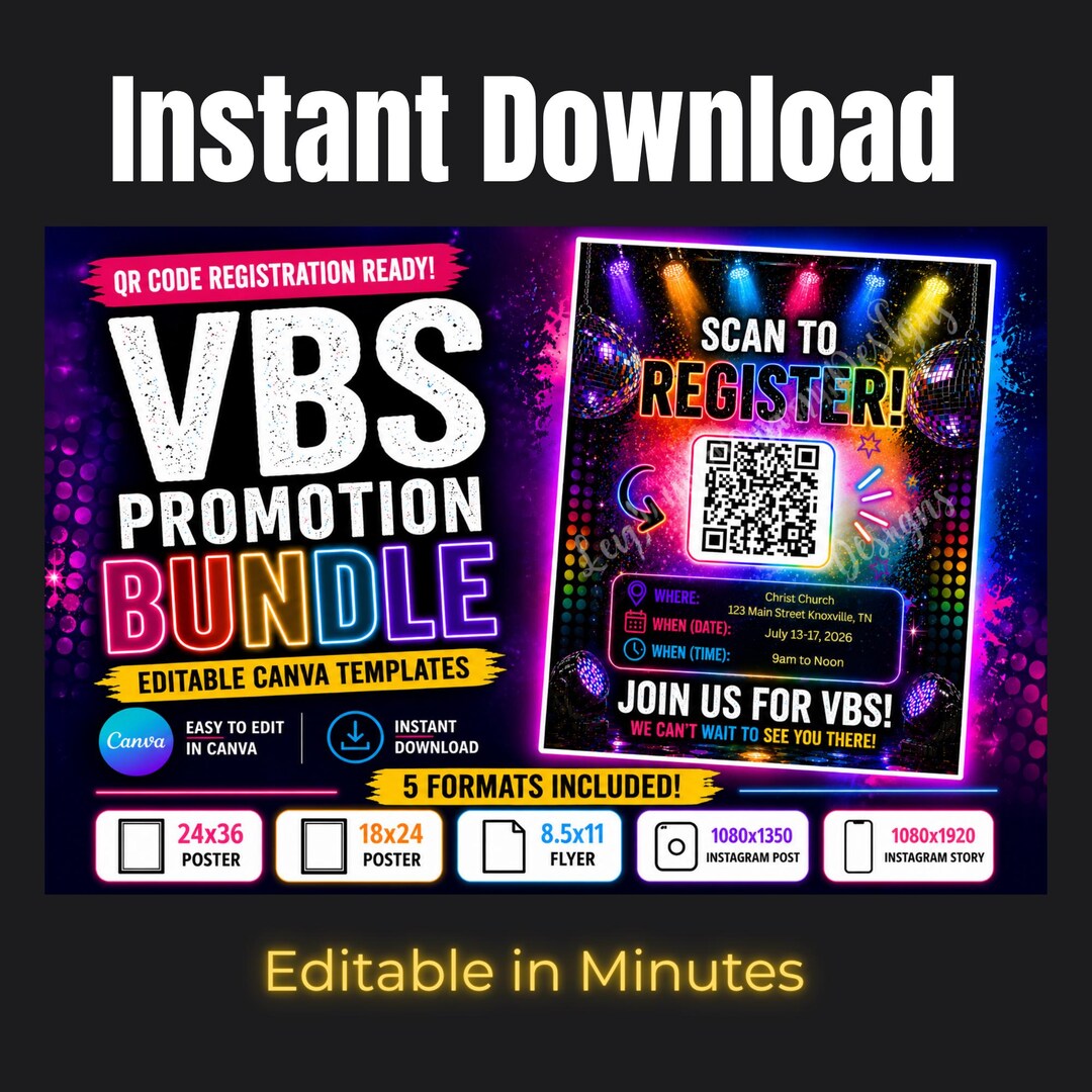 Vbs Layout Editable Editable VBS Canva Template Bundle | QR Code Registration Poster ...