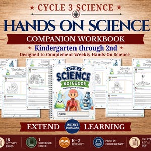 May include: A Cycle 3 Science Hands On Science companion workbook for kindergarten through 2nd grade. The set includes a spiral-bound notebook cover and 16 activity pages featuring science experiments, a microscope, and a human anatomy illustration.