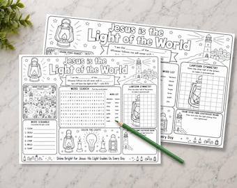 Kit di attività per la Scuola Biblica Estiva "La Luce del Mondo" con tovagliette / Disegni da colorare cristiani stampabili / Tema Illuminazione / PDF in formato US Letter e Legal