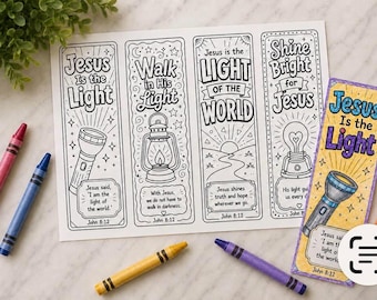 VBS Illumination Themed Coloring Bookmarks | John 8:12 Bible Verse Craft | Printable Christian Kids Activity | Set of 4
