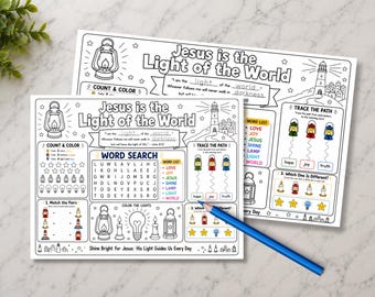 VBS Preschool Light of the World Placemat Activity Pack | Christian Coloring Page Printable | Illumination Theme | US Letter & Legal PDF