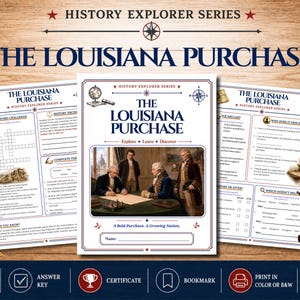 May include: Educational activity pages titled The Louisiana Purchase from the History Explorer Series. The sheets feature a crossword challenge, vocabulary, and historical facts. The central page displays a painting of men signing a document.