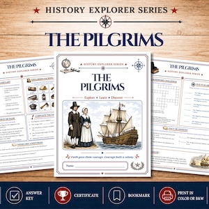 以下が含まれることがあります： History Explorer Seriesの教育用ワークシートセット「The Pilgrims」。語彙、クロスワードパズル、歴史的事実を含むアクティビティページで構成されています。中央のページには、2人の巡礼者と船のイラストが描かれています。