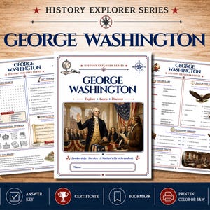 May include: A set of educational activity pages titled History Explorer Series George Washington, featuring a central cover page with a historical illustration of George Washington, word search, vocabulary, and matching exercises on US Letter 8.5 x 11 inch paper.