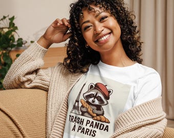 Trash Panda a Paris T-Shirt Femme Raton Laveur Vintage Tour Eiffel Tee Drole Cottagecore Cadeau Saint Valentin Style Retro France