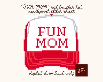 Czerwona czapka truckerka „Fun Mom”, schemat haftu igłowego (do pobrania w wersji cyfrowej)