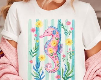 Preppy Seahorse PNG, Watercolor Seahorse Sublimation Design, Coastal Beach T-Shirt PNG, Floral Ocean Mermaid Digital Download