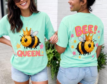 Queen Bee PNG | Hand Drawn Bee T-Shirt Design | Preppy Coquette Sublimation | Front Back Shirt | Southern Boutique PNG