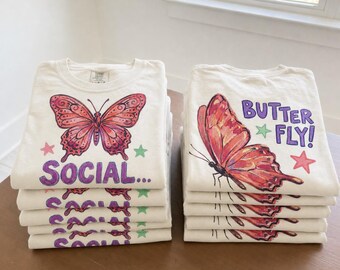 Social Butterfly PNG | Hand Drawn Butterfly T-Shirt Design | Preppy Coquette Sublimation | Front Back Shirt | Boutique PNG