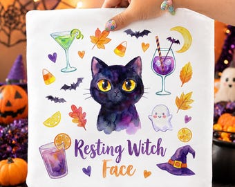 Resting Witch Face PNG, Funny Halloween Black Cat Sublimation, Spooky Season T-Shirt Design, Witchy Cat Digital Download