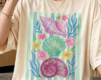 Preppy Seashell PNG, Watercolor Shell Sublimation Design, Coastal Beach T-Shirt PNG, Floral Nautical Summer Digital Download