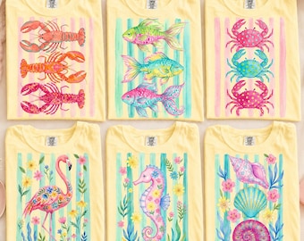 Preppy Coastal PNG Bundle, 6 Watercolor Sea Creature Designs, Summer Sublimation, Beach Shirt PNG, Mint Stripe Maximalist Coastal Art