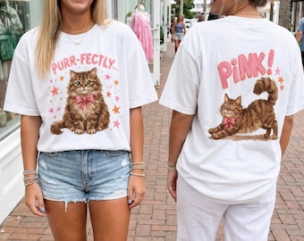 Purrfectly Pink Cat PNG | Hand Drawn Cat Design | Preppy Coquette Sublimation | Front Back Shirt | Boutique PNG Design