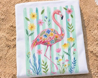Preppy Flamingo PNG, Floral Watercolor Flamingo Sublimation Design, Coastal Boho T-Shirt PNG, Summer Tropical Digital Download