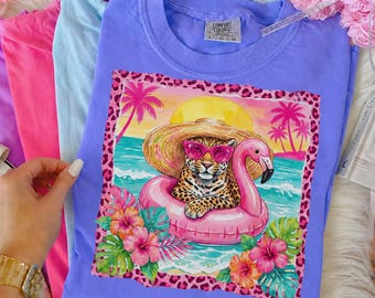 Leopard Beach Summer PNG Sublimation Design, Tropical Flamingo Float Vacation T-Shirt Design, Cruise Pool Party Leopard Print PNG