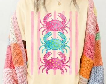 Preppy Crab PNG, Colorful Watercolor Crab Sublimation, Pink Stripe Beach Shirt Design, Coastal Summer PNG, Maximalist Retro Beach