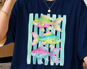 Preppy Fish PNG, Watercolor Tropical Fish Sublimation Design, Coastal Beach T-Shirt PNG, Fishing Summer Digital Download