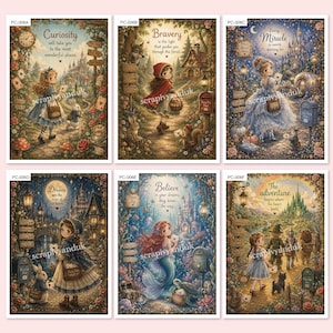 Könnte beinhalten: Ein Set aus sechs rechteckigen Kunstdrucken mit Fantasy-Illustrationen von Kindern in märchenhaften Umgebungen. Jeder Druck enthält Text wie Curiosity, Bravery, Every Miracle, Dreams, Believe und The Adventure, umgeben von detaillierten Blumen- und Waldmotiven.