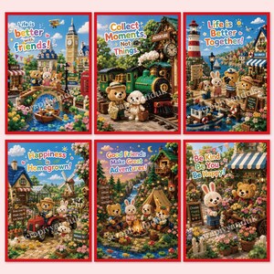 May include: A set of six colorful posters featuring anthropomorphic animal characters in various scenes with text including Life is better with friends, Collect Moments, Not Things, Life is Better Together, Happiness is Homegrown, Good Friends Make Great Adventures, and Be Kind Be You Be Happy.