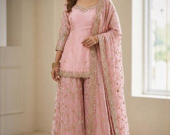 Women Pink Embroidered Kurta Palazzo Set With Dupatta Wedding Party Wear Suit