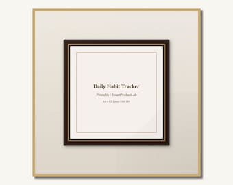 Può includere: Un documento stampabile quadrato per il monitoraggio delle abitudini quotidiane con un bordo marrone scuro e un centro color crema chiaro. Il testo recita Daily Habit Tracker, Printable | SmartProductLab e A4 + US Letter | 300 DPI in marrone.