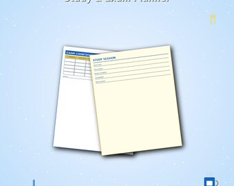 Può includere: Un pianificatore di studio stampabile composto da due pagine con testo blu. Una pagina è intitolata Exam Countdown con una griglia e una sezione note. L'altra pagina è intitolata Study Session con righe per l'orario, l'argomento e le attività.