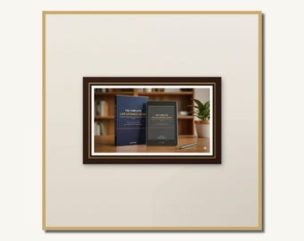 Può includere: Un libro blu scuro intitolato The Complete Life Upgrade Guide e un lettore e-reader abbinato che mostra lo stesso titolo, posizionati su una superficie in legno accanto a una piccola pianta in vaso, il tutto racchiuso in una cornice decorativa.