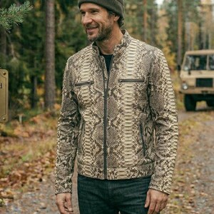 Men's Handcrafted Python Leather Biker Jacket, Exotic Snakeskin Style Motorcycle Coat