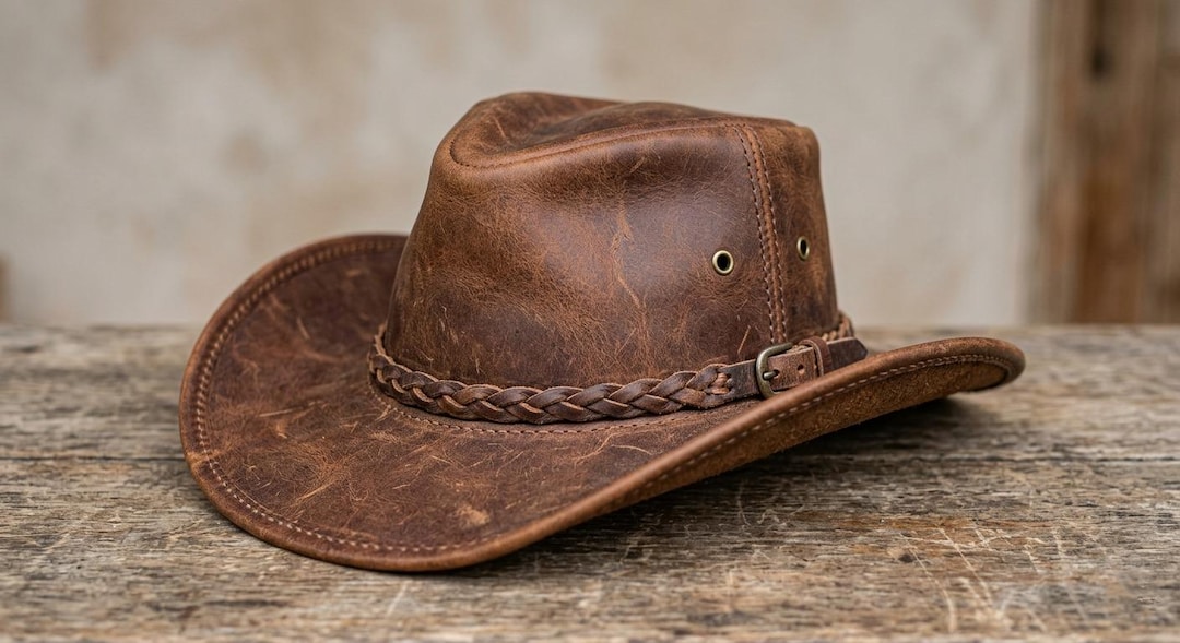 Distressed Leather Cowboy Hat, Rustic Outback Western Biker Festival ...