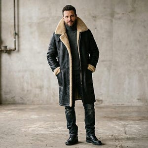 Herren Schwarz Leder B3 Aviator Mantel, Langer Winter Mantel