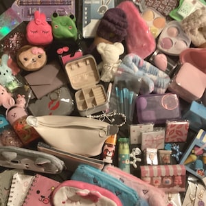 May include: A collection of various stationery, beauty, and lifestyle accessories including plush animal pouches, makeup brushes, a jewelry box, notebooks, pencil cases, hair accessories, and small decorative trinkets arranged in a dense cluster.