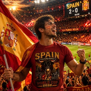 May include: A red t-shirt featuring a graphic of a bull, a trophy, and the text SPAIN LA FURIA ROJA WORLD CUP 2026. The shirt is worn by a person holding a large Spanish flag in a crowded stadium with a scoreboard showing SPAIN 2-0 at 90:00.