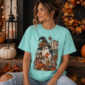 Camiseta fofa de fantasma para o Halloween, camiseta de abóbora e girassol "Boo!", camiseta de chapéu de bruxa para a temporada assustadora de outono.