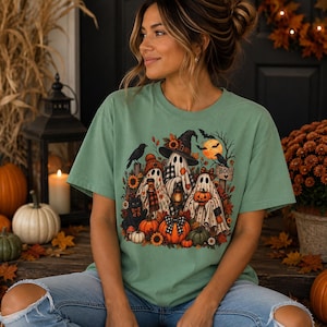 Camiseta de Halloween con fantasma de calabaza otoñal, camiseta de otoño con espantapájaros y estampado de cosecha, camiseta gráfica vintage espeluznante.