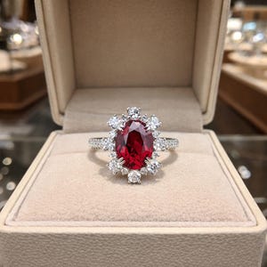 May include: A silver-toned ring featuring a large, oval-cut deep red gemstone at the center, surrounded by a halo of smaller, round-cut clear stones. The band is also encrusted with tiny clear stones, presented in a beige velvet jewelry box.