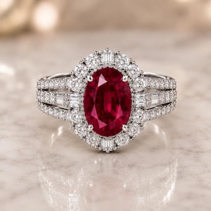 May include: A silver-toned ring featuring a large oval-cut deep red ruby center stone. The ruby is surrounded by a halo of round brilliant-cut diamonds and baguette-cut diamonds. The band is split into three rows, each encrusted with small diamonds.