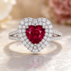 Op de afbeelding: Een zilverkleurige ring met een grote, hartvormige, dieprode edelsteen in het midden. De centrale steen is omringd door een dubbele halo van kleine, heldere, rondgeslepen stenen. De ringband is gespleten en ingelegd met rijen heldere stenen.