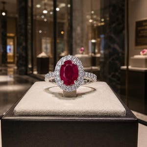 14K vitgulds ovalslipad vigselring med naturlig rubin och diamant 4,20 ct