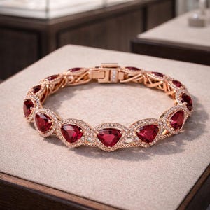 Puede incluir: Pulsera de oro rosa con piedras preciosas triangulares de color rojo intenso, cada una rodeada de piedras más pequeñas y transparentes. La pulsera se exhibe sobre una superficie de tono neutro, mostrando su intrincado diseño. Una joya lujosa.