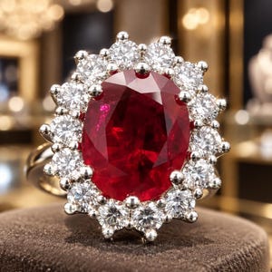 May include: A ring featuring a large, oval-cut deep red ruby at the centre, surrounded by a halo of numerous round, brilliant-cut clear white diamonds set in a polished silver-toned metal band, creating a floral-inspired cluster design.
