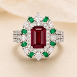 May include: A silver-toned ring featuring a large emerald-cut deep red center stone surrounded by a halo of small round white stones. The design includes alternating pear-cut white stones and emerald-cut green stones, with a triple-row band.