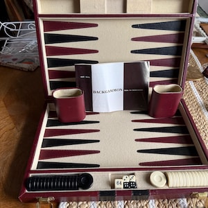 Vintage resespel för backgammon, konstläderfodral, komplett, mid-century modern MCM