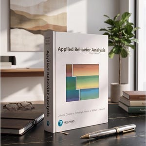 May include: A white hardcover textbook titled Applied Behavior Analysis Third Edition by John O. Cooper, Timothy E. Heron, and William L. Heward. The cover features a central graphic of stacked, colorful rectangular blocks and the Pearson logo.
